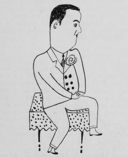 Rudolf Kadlec na karikatuře Františka Muziky. F. Muzika: Z galerie herců XXIV., Rozpravy Aventina 2, 1926/27, s. 222.
