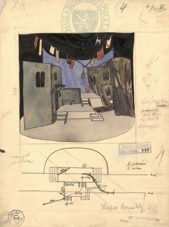 Scénický návrh Antonína Heythuma (W. Shakespeare: Kupec benátský, Národní divadlo, 1931). Sbírka Národního muzea, Divadelní oddělení, H6D-25903.